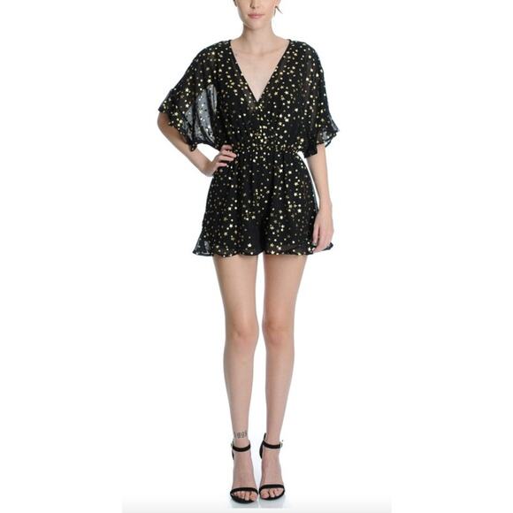 If By Sea Los Angeles | Women | Black Ruffle Gold Star Print Romper | Medium - Picture 14 of 14